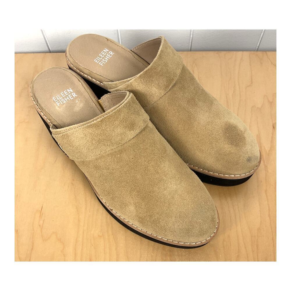 Eileen Fisher Hiya Platform Deep Adriatic Tan Suede Slip On Mules/Clog Size 8.5
